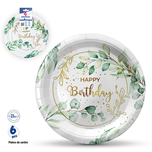 Plato Cartón Happy Birthday Marco Floral con Oro 23cm 6 uds