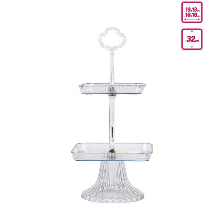 Expositor Plástico Cuadrado 2 Pisos con Pie | Bandejas 16+13cm H32cm