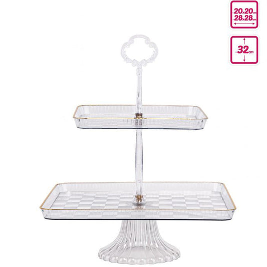 Expositor Plástico Cuadrado 2 Pisos con Pie | Bandejas 28+20cm H32cm