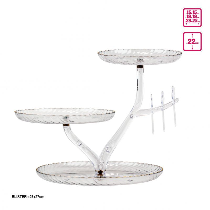 Expositor Plástico 3 Bandejas Redondas Asimétrico | 23+19+15cm H22cm