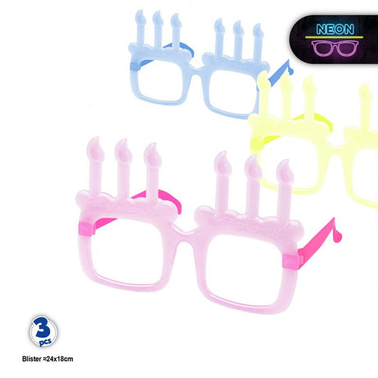 GAFAS FLUORESCENTES SIN LENTES VELAS CUMPLE 3pcs