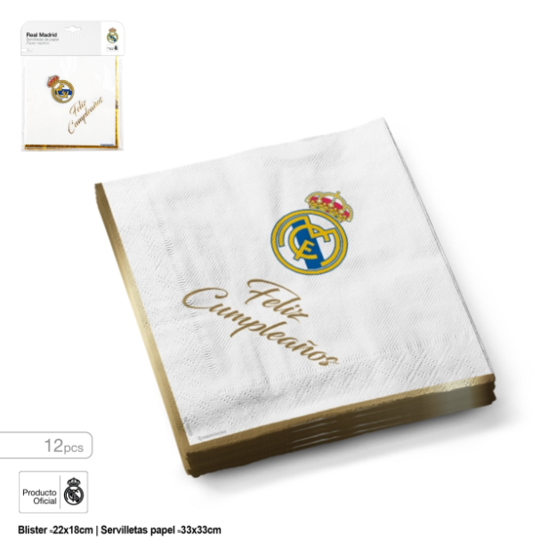 Servilletas Real Madrid Cumpleaños Oro 33*33cm 12uds