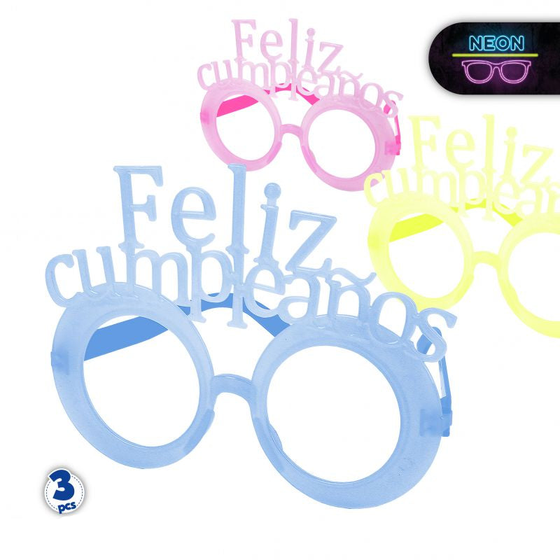 Gafas Fluorescentes Sin Lentes Feliz Cumpleaños Pack 3 uds