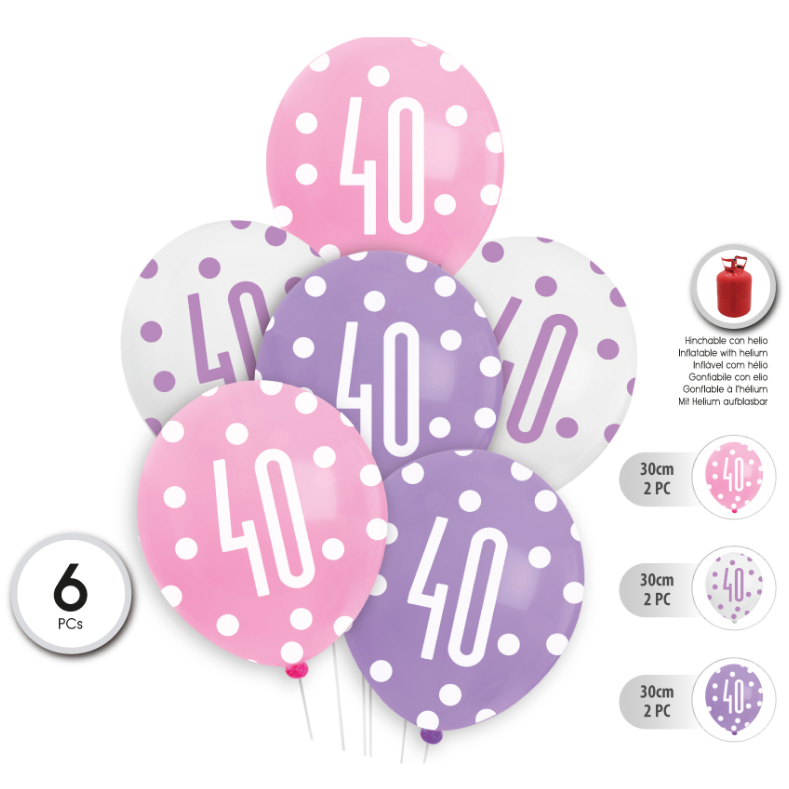 SET 6 Globos Látex con Lunares 30cm Cumpleaños 30 40 50 60 Años