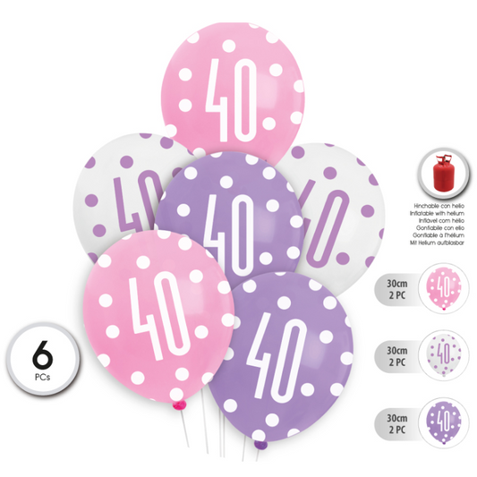 SET 6 Globos Látex con Lunares 30cm Cumpleaños 30 40 50 60 Años