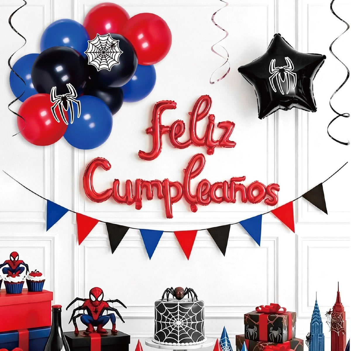 Set de Globos Feliz Cumpleaños Araña Rojo, Azul y Negro 18 piezas
