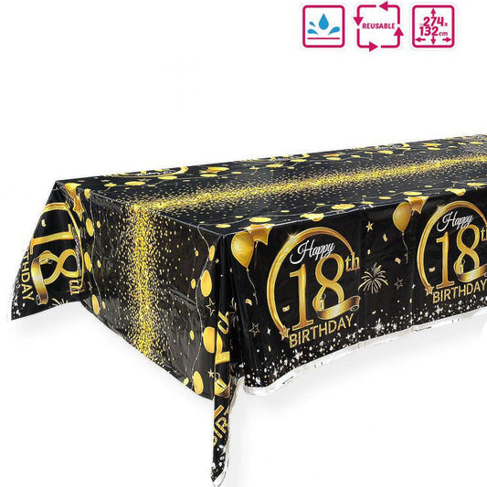 Mantel Plastico Negro y Oro 18 Birthday 274 x 132 cm