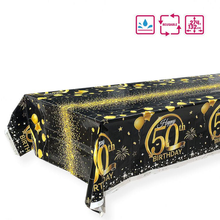 Mantel Plastico Negro y Oro 50 Birthday 274 x 132 cm