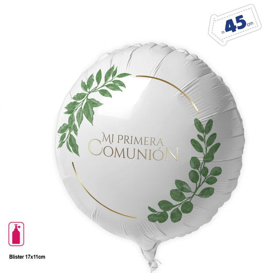 GLOBO FOIL REDONDO BLANCO COMUNION ARO ORO CON HOJAS VERDES 45CM
