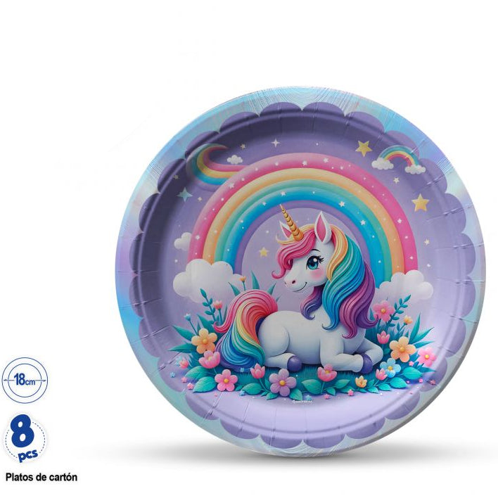 Plato Unicornio Arcoíris Lila 18cm 8 uds