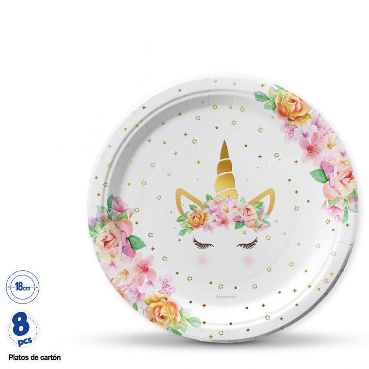 Plato Unicornio Frontal con Flores y Estrellas 18cm 8 uds