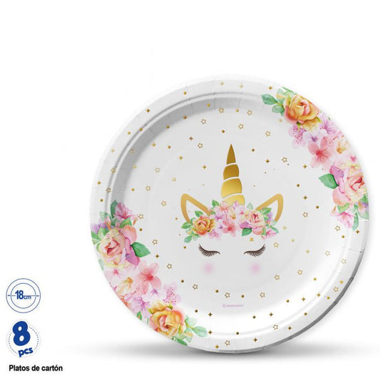Plato Unicornio Frontal con Flores y Estrellas 18cm 8 uds