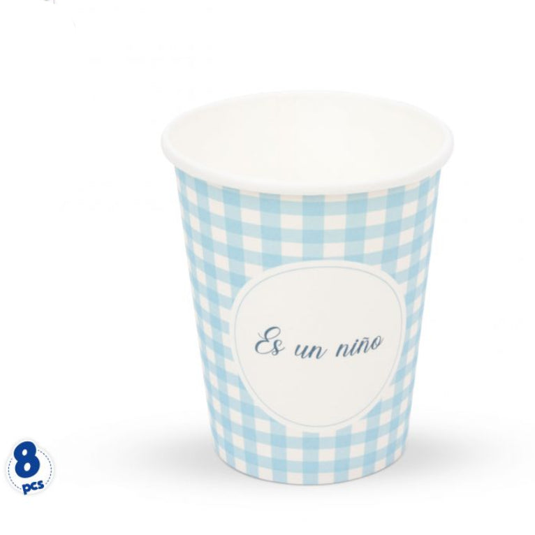 Vasos Papel Es un Niño Cuadros Azul y Beige 8uds