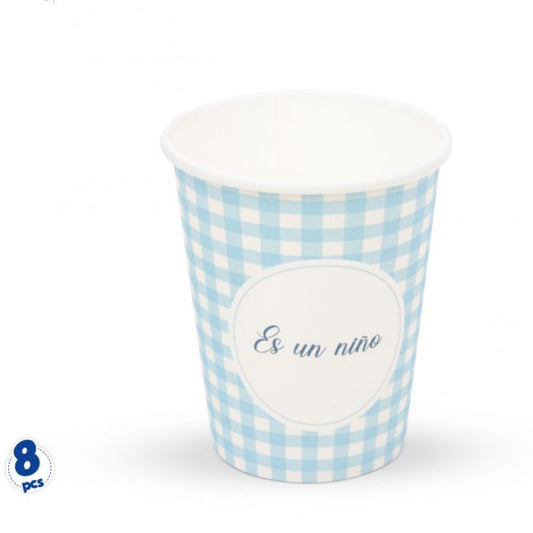 Vasos Papel Es un Niño Cuadros Azul y Beige 8uds