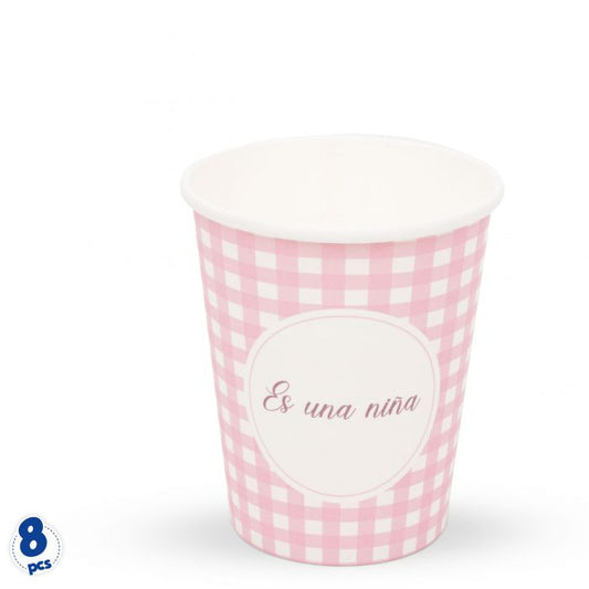 Vasos Papel Es una Niña Cuadros Rosa y Beige 8uds
