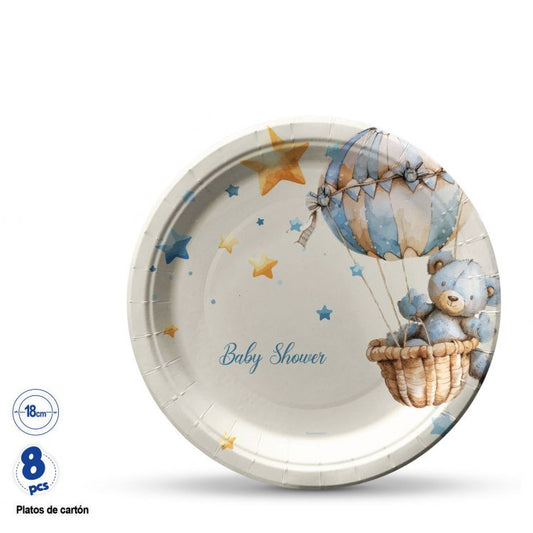 Plato Cartón Baby Shower Estrellas y Oso en Globo 18cm 8 uds