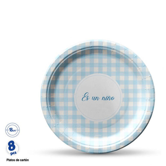 Plato Cartón Es un Niño Cuadros Azul y Beige 18cm 8uds