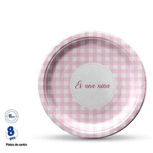 Plato Cartón Es una Niña Cuadros Rosa y Beige 18cm 8uds