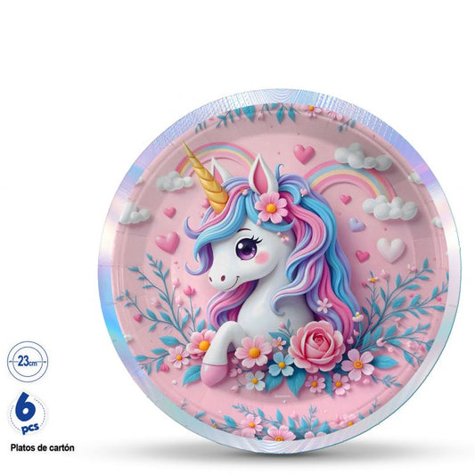 Plato Unicornio Arcoíris y Flores Rosa 23cm 6 uds