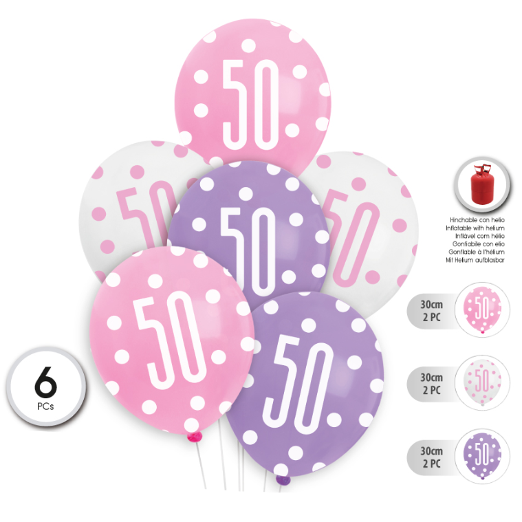 SET 6 Globos Látex con Lunares 30cm Cumpleaños 30 40 50 60 Años
