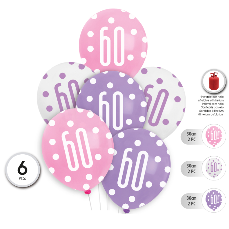 SET 6 Globos Látex con Lunares 30cm Cumpleaños 30 40 50 60 Años
