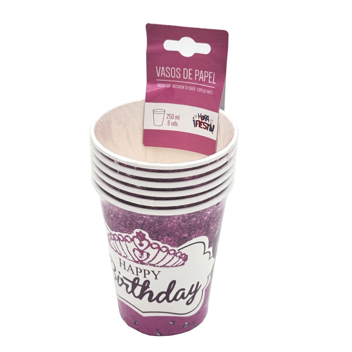 Vasos Happy Birthday Rosa 250 ml 6 uds
