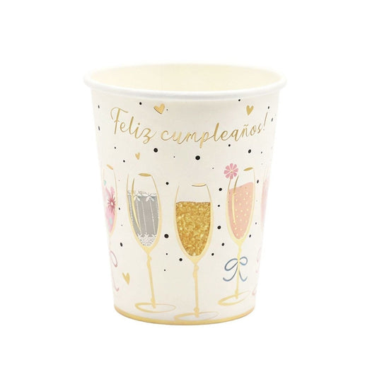 Vasos Papel Feliz Cumpleaños Copas de Champán 250 ml 6 uds