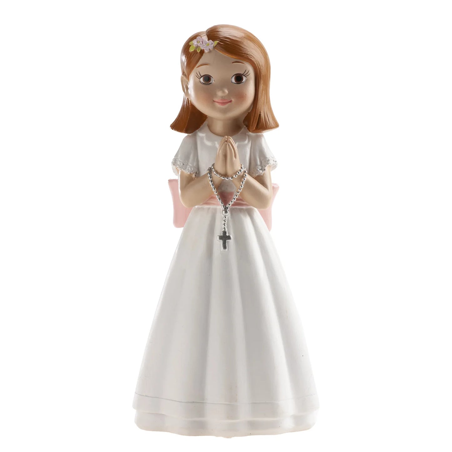 Figura Tarta Comunión Niña con Rosario y Lazo Rosa 16 cm