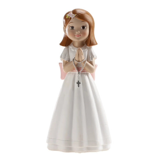 Figura Tarta Comunión Niña con Rosario y Lazo Rosa 16 cm