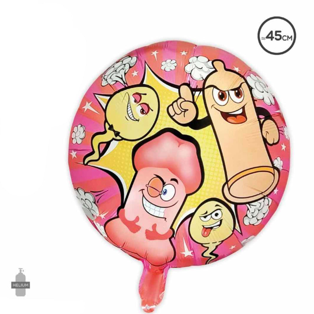 Globo Foil Redondo Pene Preservativo y Espermatozoides 45 cm