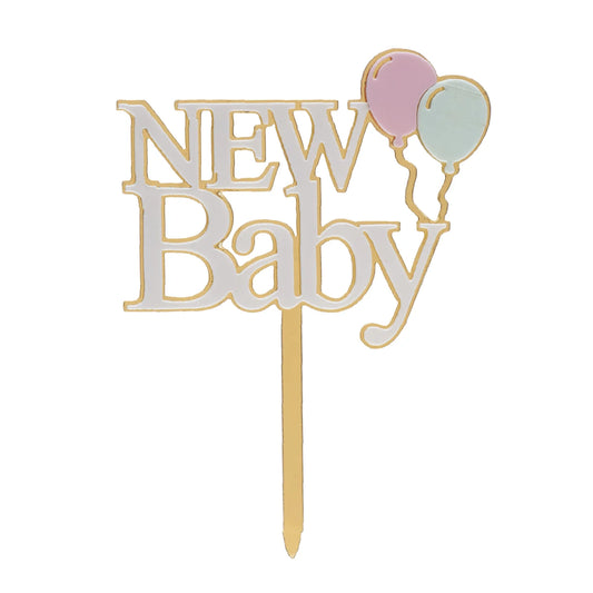 Cake Topper New Baby Dorado y Blanco 10x14 cm