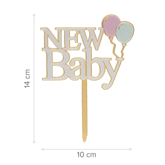 Cake Topper New Baby Dorado y Blanco 10x14 cm
