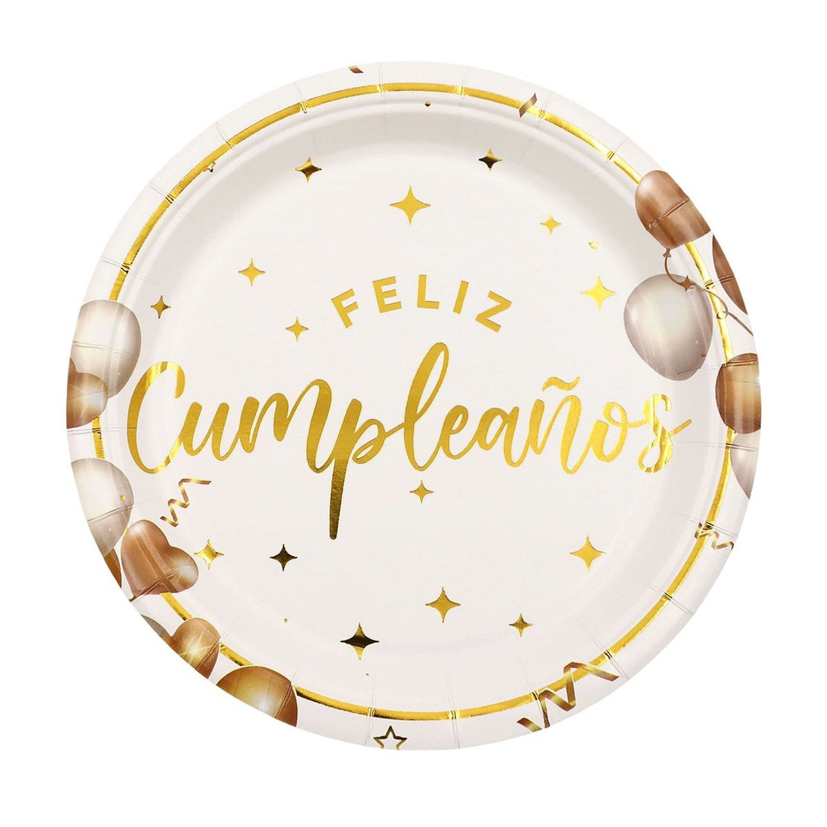 Platos Papel Feliz Cumpleaños Blanco y Oro