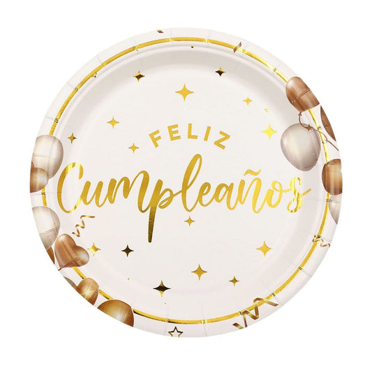 Platos Papel Feliz Cumpleaños Blanco y Oro