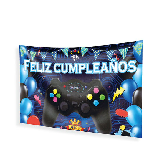 Pancarta Tela Feliz Cumpleaños Gamer Mando Azul 120x68 cm