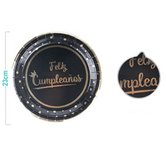 Plato Cartón Negro con Detalles Oro Foil 23 cm 6 uds