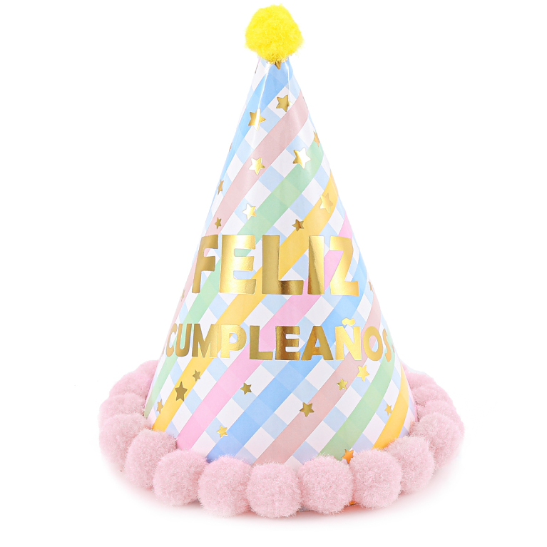 Gorro Feliz Cumpleaños con Pompones Rosa 15.5x18.5cm
