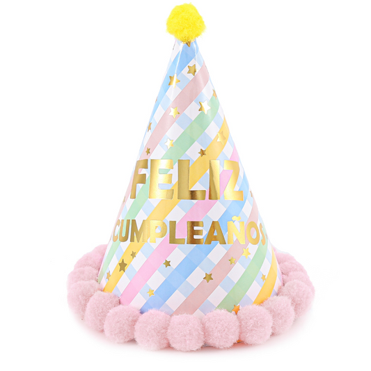 Gorro Feliz Cumpleaños con Pompones Rosa 15.5x18.5cm