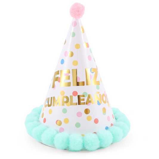 Gorro Feliz Cumpleaños Lunares con Pompones 15.5x18.5cm