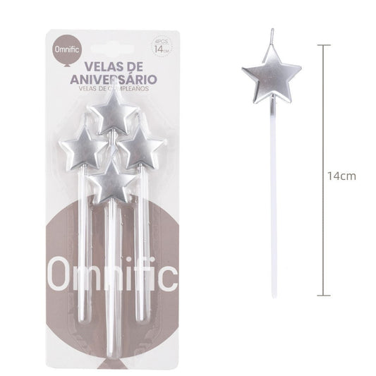 Velas Estrella Plateada con Palo Largo 4 uds 14 cm
