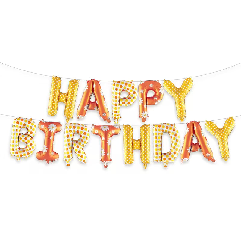 Globos de letras Happy Birthday con margaritas y lunares