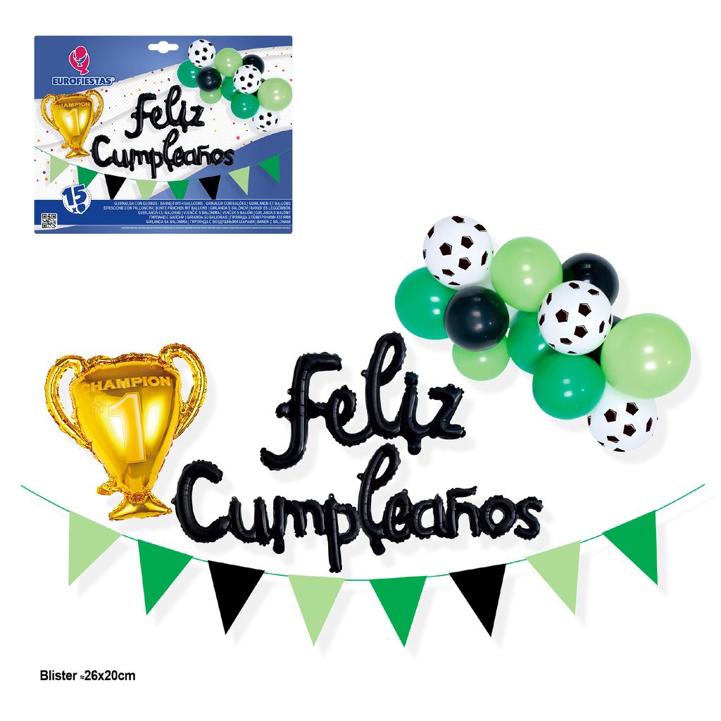 Set 15 Globos Feliz Cumpleaños Fútbol con Copa y Guirnalda