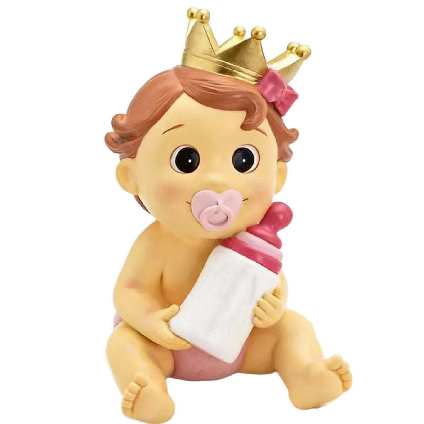 Hucha Bebé Niña con Corona y Lazo Rosa | Figura para Tarta de Bautizo