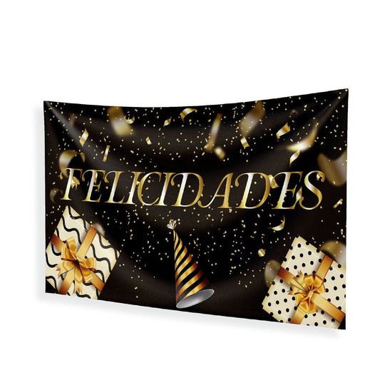 Pancarta Tela Felicidades Regalos Negro y Oro 120x68 cm