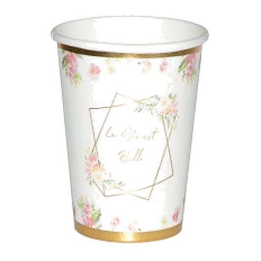 Vasos de Cartón Flores Borde Dorado 6 uds