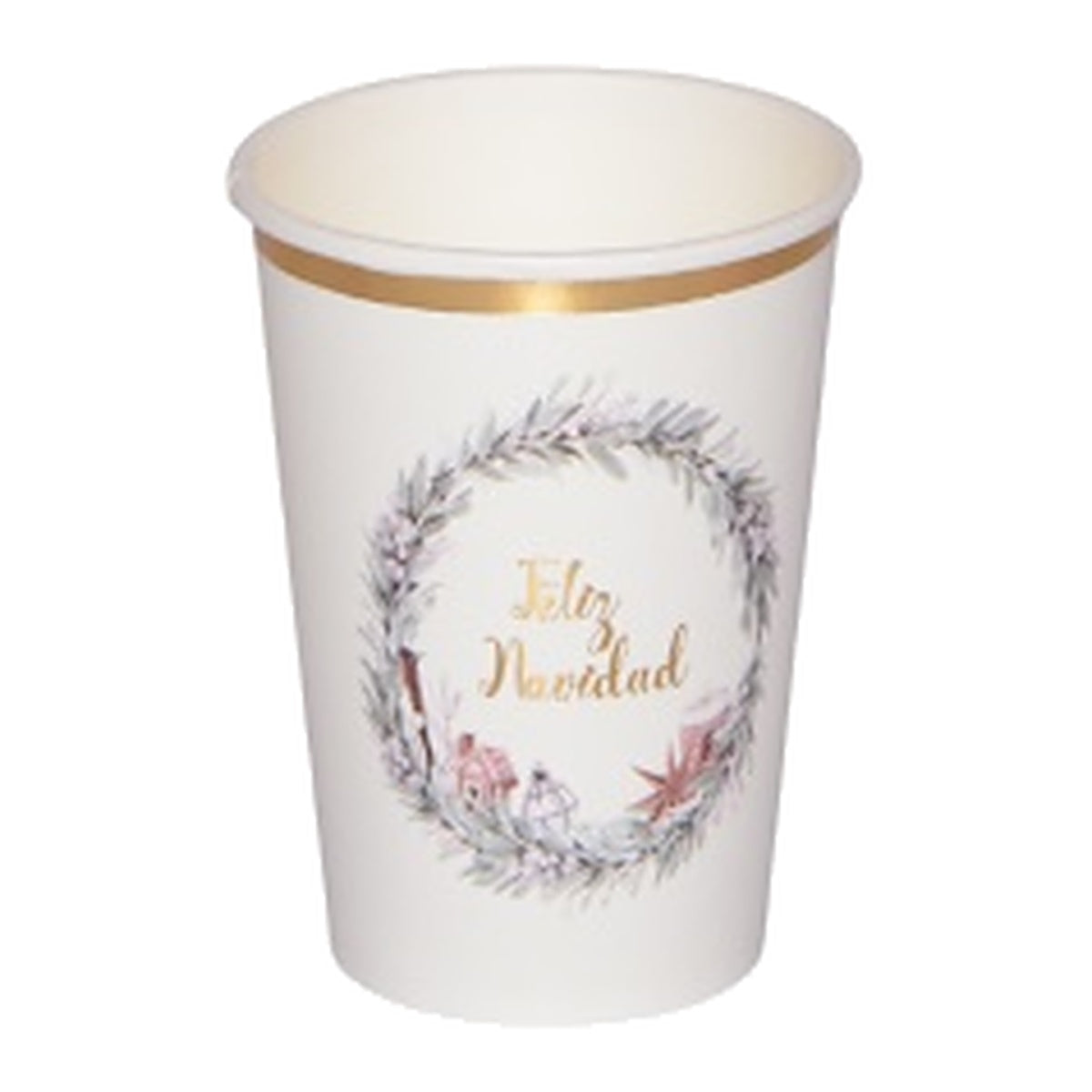 Vasos de Cartón Feliz Navidad Corona Blanco y Dorado 6 uds