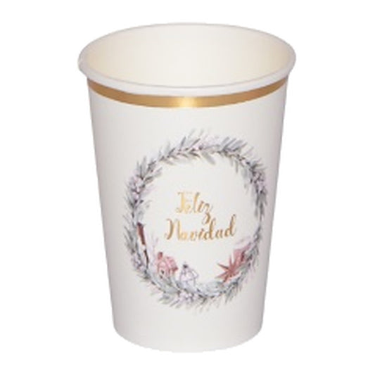 Vasos de Cartón Feliz Navidad Corona Blanco y Dorado 6 uds