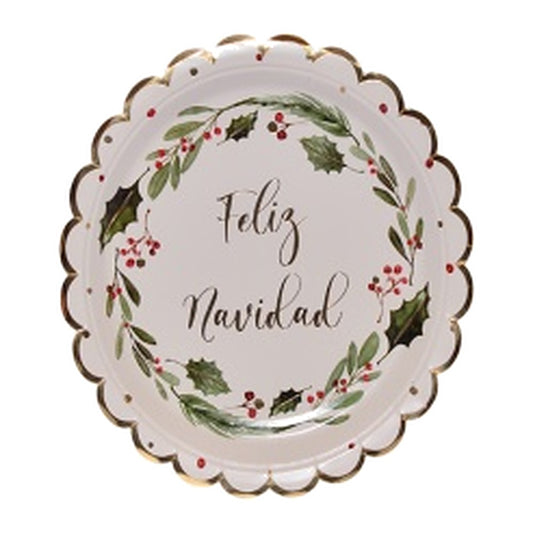 Platos de Cartón Feliz Navidad Acebo 23 cm 6 uds