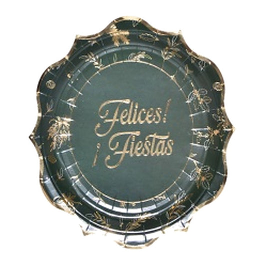 Platos de Cartón Felices Fiestas Verde y Dorado 23 cm 6 uds