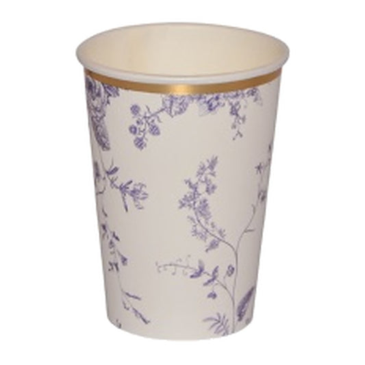 Vasos de Cartón Flores Azules Borde Dorado 6 uds
